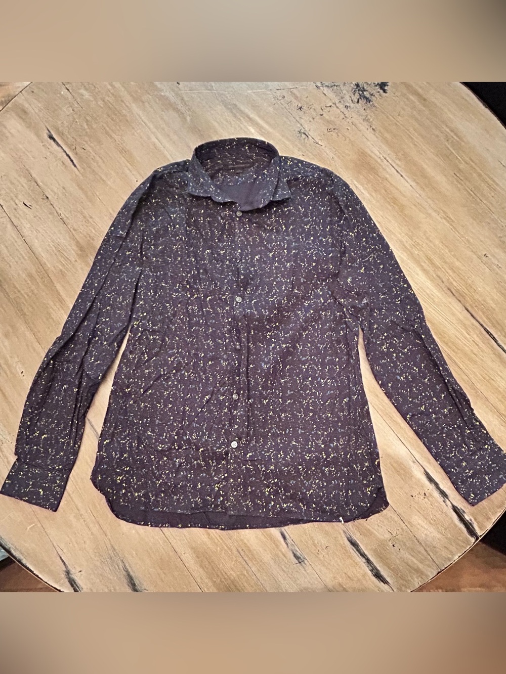 John Varvatos Black Button-Up Shirt with Gold and Blue Fleck Print